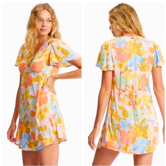 Billabong Short & Sweet Floral Print Flutter Sleeve Babydoll Dress Sorbet XS NEW - Picture 1 of 13